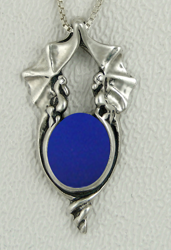 Sterling Silver Proud Pair of Dragons Pendant With Blue Onyx